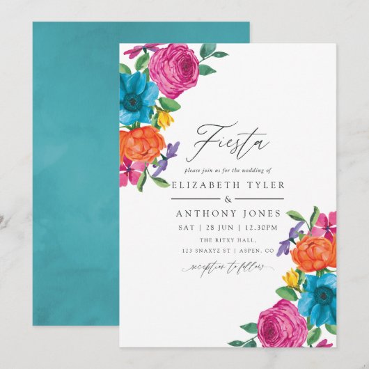 Watercolor Bloemen Fiesta Bruiloft Kaart (Voorkant / Achterkant)