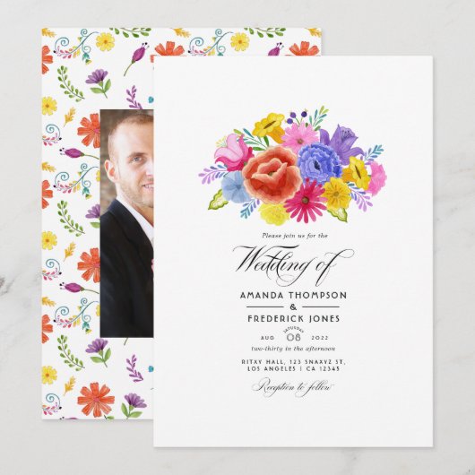 Watercolor Bloemen Fiesta Bruiloft Kaart (Voorkant / Achterkant)