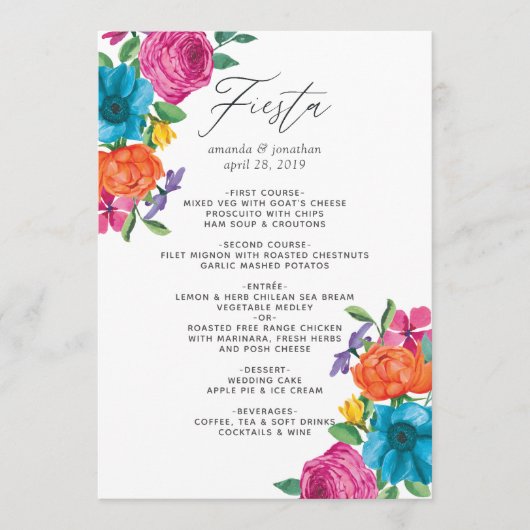 Watercolor Bloemen Fiesta Bruiloft Menu (Voorkant)