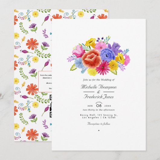 Watercolor Bloemen Fiesta QR Code RSVP Huwelijk Kaart (Voorkant / Achterkant)