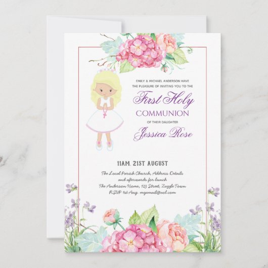 Watercolor Bloemen Foto Eerste Communie Uitnodigin Kaart (Voorkant)