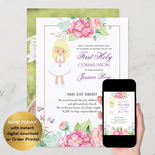 Watercolor Bloemen Foto Eerste Communie Uitnodigin Kaart