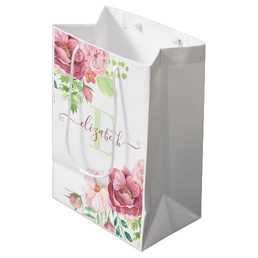 Watercolor Bloemen Geschenktas met Monogram Medium Cadeauzakje (Voorkant Gekanteld)