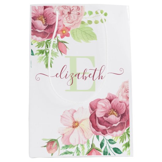 Watercolor Bloemen Geschenktas met Monogram Medium Cadeauzakje (Voorkant)