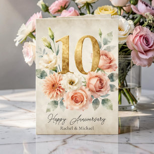 Watercolor Bloemen Goud 10e Huwelijksverjaardag Kaart