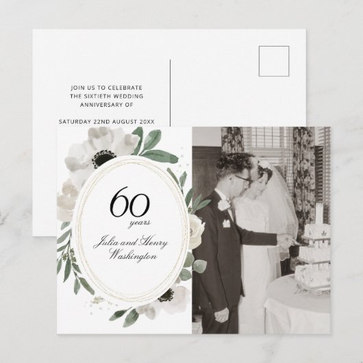 Watercolor Bloemen Goud Foto 60e Verjaardag Briefkaart (Voorkant / Achterkant)