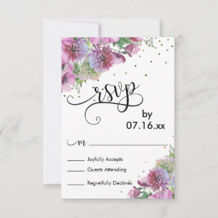 Watercolor Bloemen, Gouden Confetti, Script RSVP Kaartje