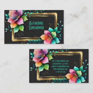 Watercolor Bloemen - Gouden Frame 34 + jouw tekst Visitekaartje