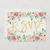 Watercolor Bloemen & Gouden Script Trouw RSVP Antw Uitnodiging Briefkaart (Voorkant / Achterkant)