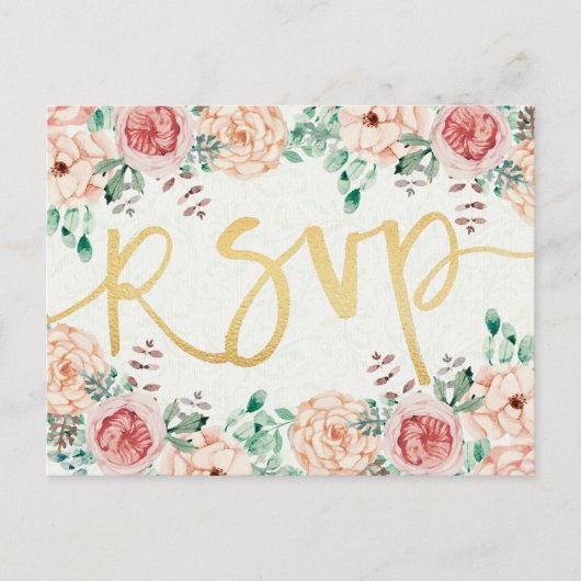 Watercolor Bloemen & Gouden Script Trouw RSVP Antw Uitnodiging Briefkaart (Voorkant)