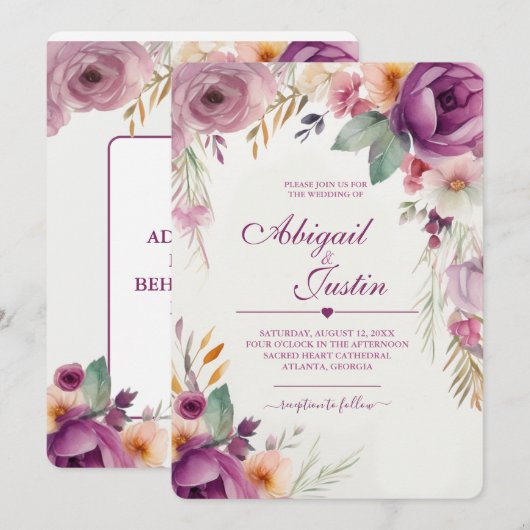 Watercolor Bloemen Huwelijksuitnodiging Kaart (Voorkant / Achterkant)