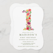 Watercolor Bloemen Meisjes 1e Verjaardagsuitnodigi Kaart (Voorkant / Achterkant)