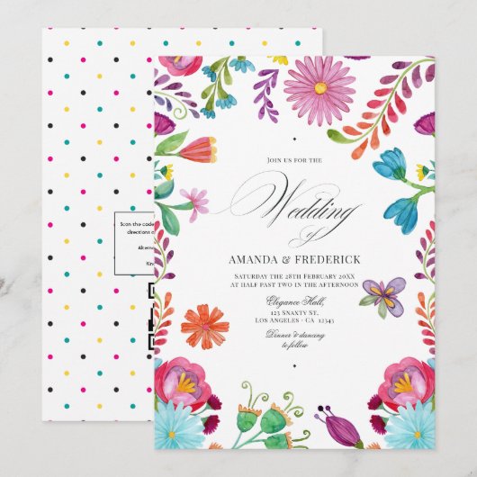 Watercolor Bloemen Mexicaans Fiesta QR Code Bruilo Kaart (Voorkant / Achterkant)