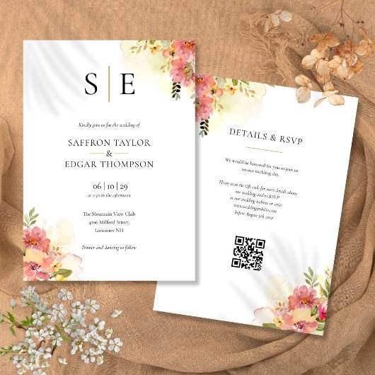 Watercolor Bloemen Monogram QR Code Trouwen Kaart