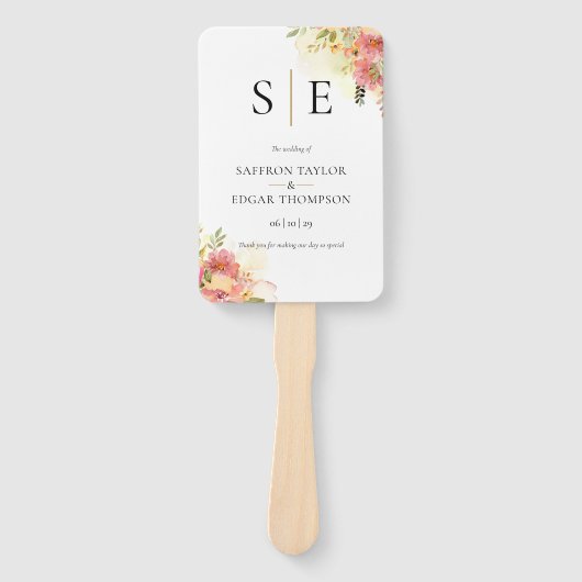 Watercolor Bloemen Monogram Trouwprogramma Handwaaier (Voorkant)