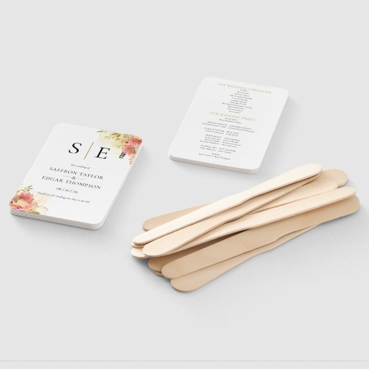 Watercolor Bloemen Monogram Trouwprogramma Handwaaier (Niet-gemonteerd)