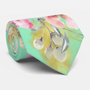 Watercolor Bloemen op Neo Mint Stropdas