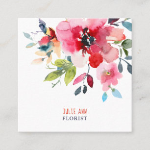 WATERCOLOR BLOEMEN, RODE OMBRE VIERKANTE VISITEKAARTJE