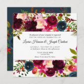 Watercolor Bloemen Roze, Bordeaux+Navy Aankondiging (Voorkant / Achterkant)