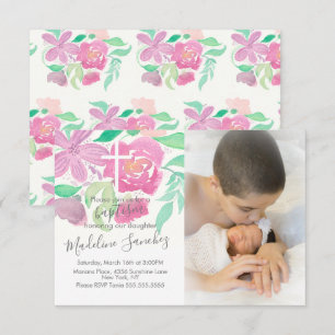 Watercolor Bloemen Roze Doopfeest Kaart