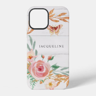 Watercolor Bloemen Roze Goud Glitters Groene Plant iPhone 12 Hoesje