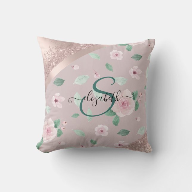 Watercolor Bloemen Roze Gouden Monogram Kussen (Voorkant)