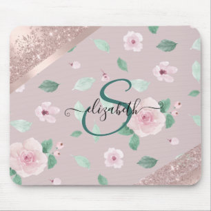 Watercolor Bloemen Roze Gouden Monogram Muismat