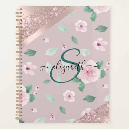 Watercolor Bloemen Roze Gouden Monogram Planner (Voorkant)