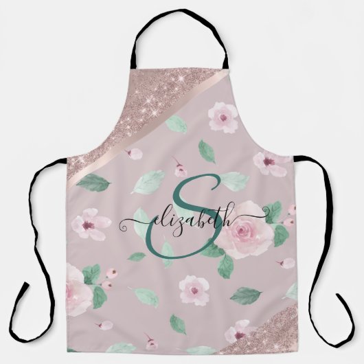 Watercolor Bloemen Roze Gouden Monogram Schort (Voorkant)