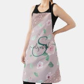 Watercolor Bloemen Roze Gouden Monogram Schort (Insitu)