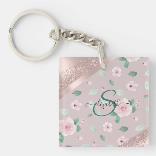 Watercolor Bloemen Roze Gouden Monogram Sleutelhanger (voorkant)
