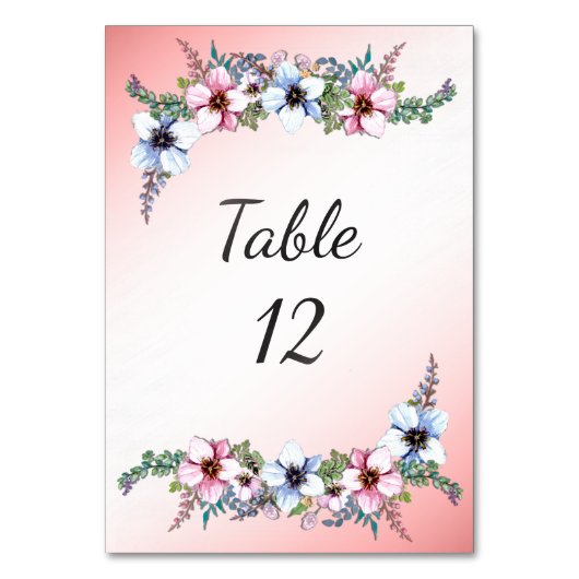 Watercolor Bloemen Roze Tafel Nummer Kaart (Voorkant)