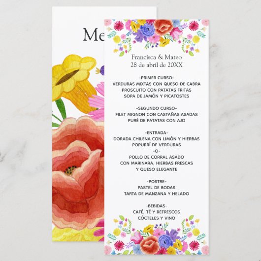 Watercolor Bloemen Spaanse Fiesta Bruiloft Menu (Voorkant / Achterkant)