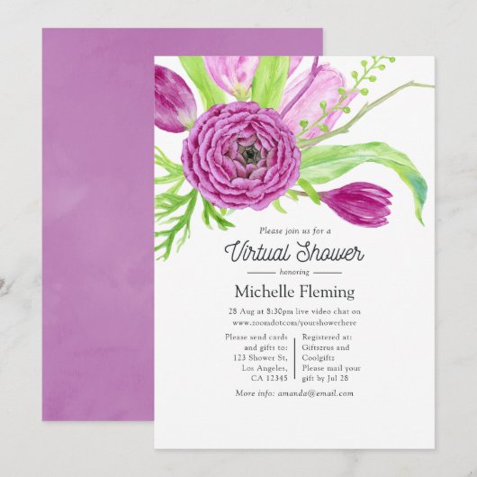 Watercolor Bloemen Virtuele Baby Shower Kaart (Voorkant / Achterkant)