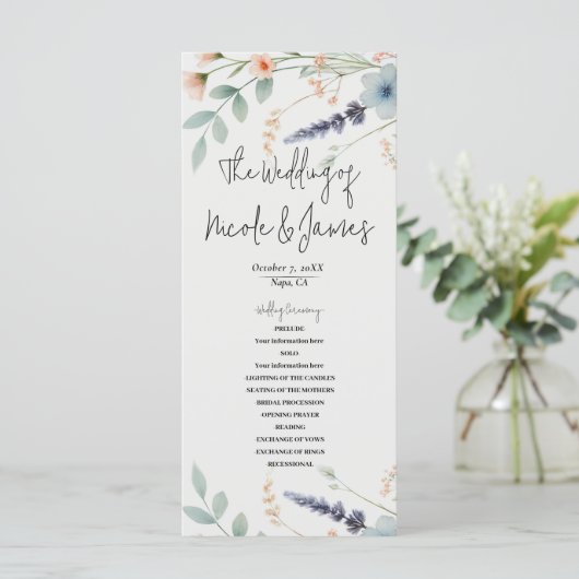 Watercolor Bloemen Wilde Bloem Bruiloftsprogramma Programmakaart (Staand voorkant)