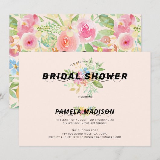 Watercolor bloemenboeket & moderne typografie kaart (Voorkant / Achterkant)