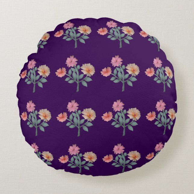 Watercolor Bloemendessin Zachte Pasteltinten Rond Kussen (Voorkant)