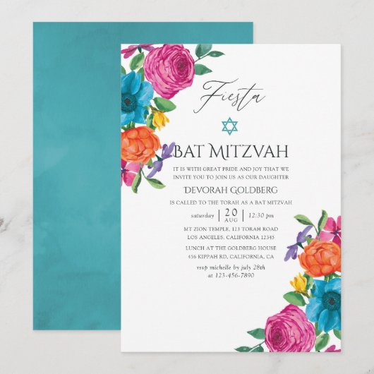 Watercolor Bloemenfeest Bar Mitzvah Kaart (Voorkant / Achterkant)