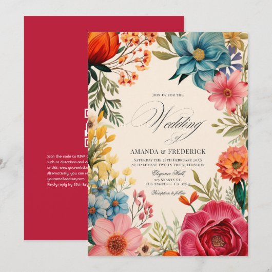 Watercolor Bloemenfeest Bruiloft met QR-code Kaart (Voorkant / Achterkant)