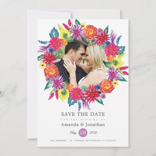 Watercolor Bloemenfeest Foto Bruiloft Save The Date (Voorkant)