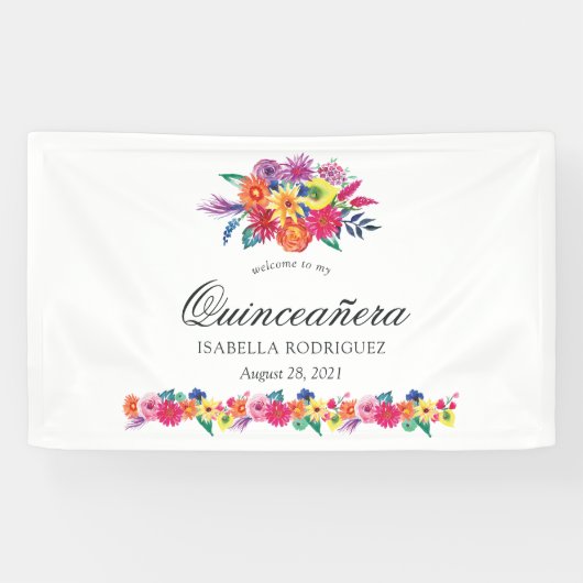 Watercolor Bloemenfeest Quinceañera Spandoek (Horizontaal)