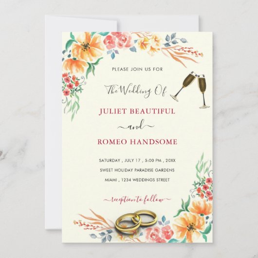 Watercolor Bloemenframe Huwelijksuitnodiging (Voorkant)