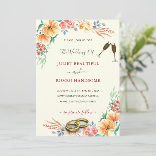 Watercolor Bloemenframe Huwelijksuitnodiging (Staand voorkant)