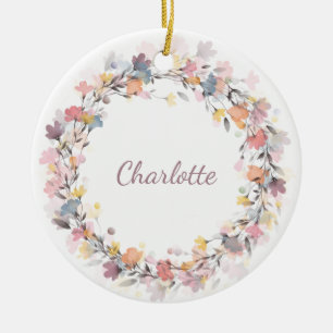 Watercolor Bloemenkrans Gepersonaliseerde Naam Keramisch Ornament