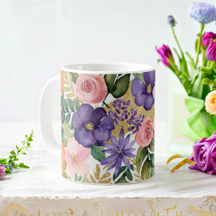 Watercolor bloemenmok met gouden accenten koffiemok