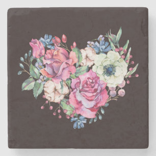 Watercolor bloemhart: vintage rozen. stenen onderzetter