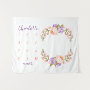 Watercolor Bloemig Monogram Baby Mijlpaal Foto Wandkleed