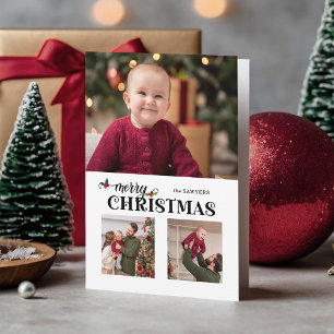 Watercolor Bloemige Prettig Kerst Script 3-Foto Feestdagen Kaart