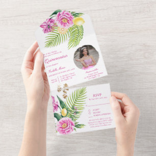 Watercolor Bloemige Roze Pioen Foto Quinceañera All In One Uitnodiging