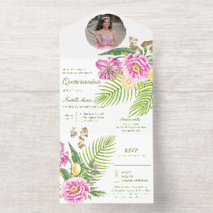 Watercolor Bloemige Roze Pioen Foto Quinceañera All In One Uitnodiging